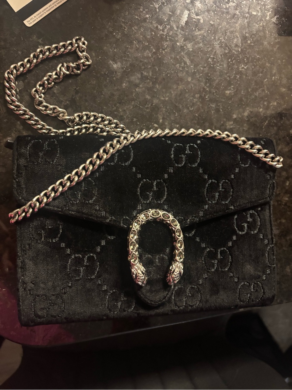 Gucci Black Velvet Dionysus Mini Shoulder Bag with Silver Chain